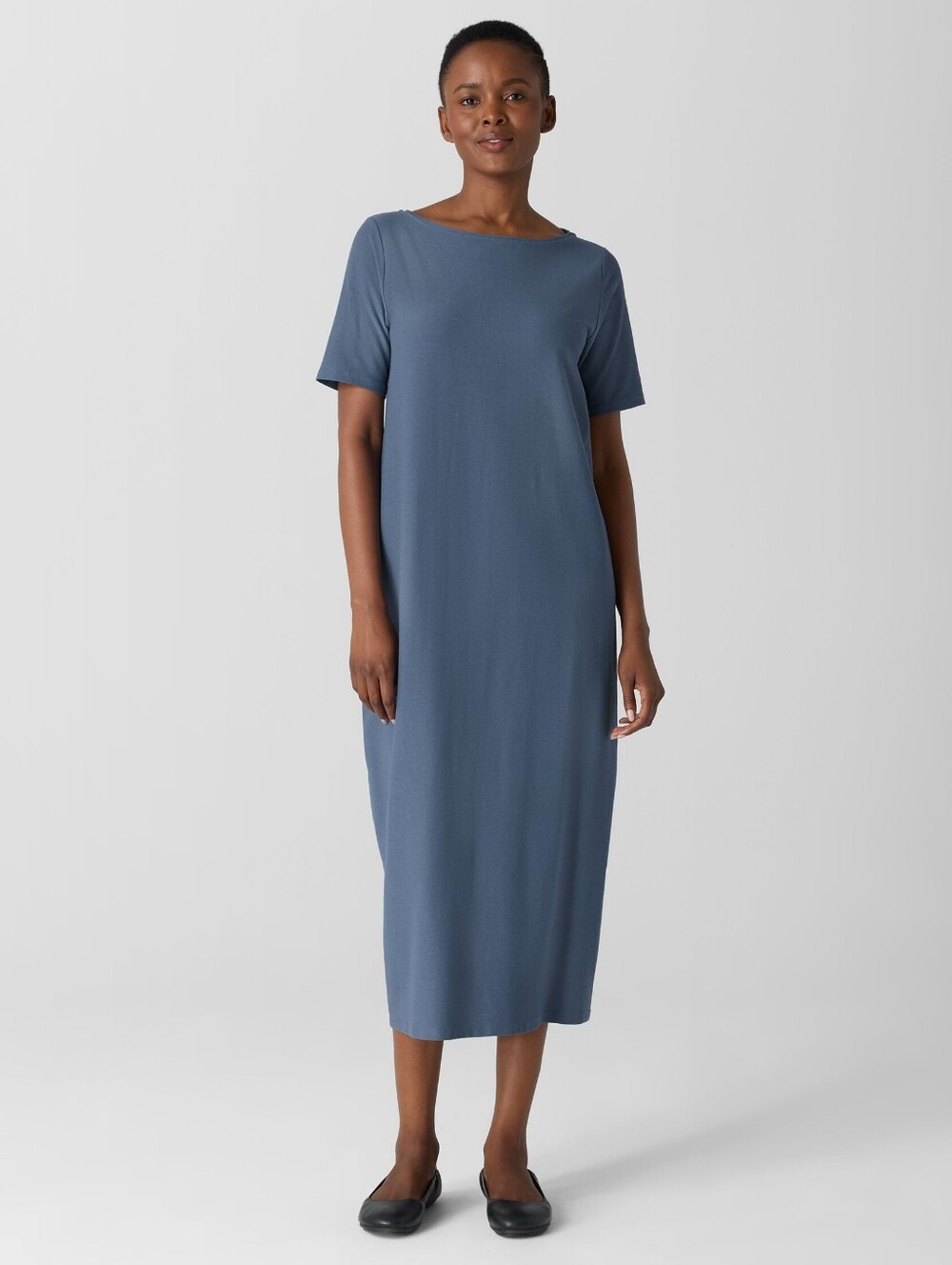Eileen Fisher Washable Stretch Crepe T-Shirt Dress Blue Size Small Minimalist